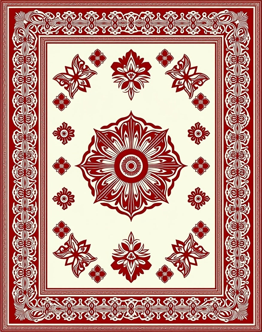 Crimson Ivory Floral Mandala Border Rug