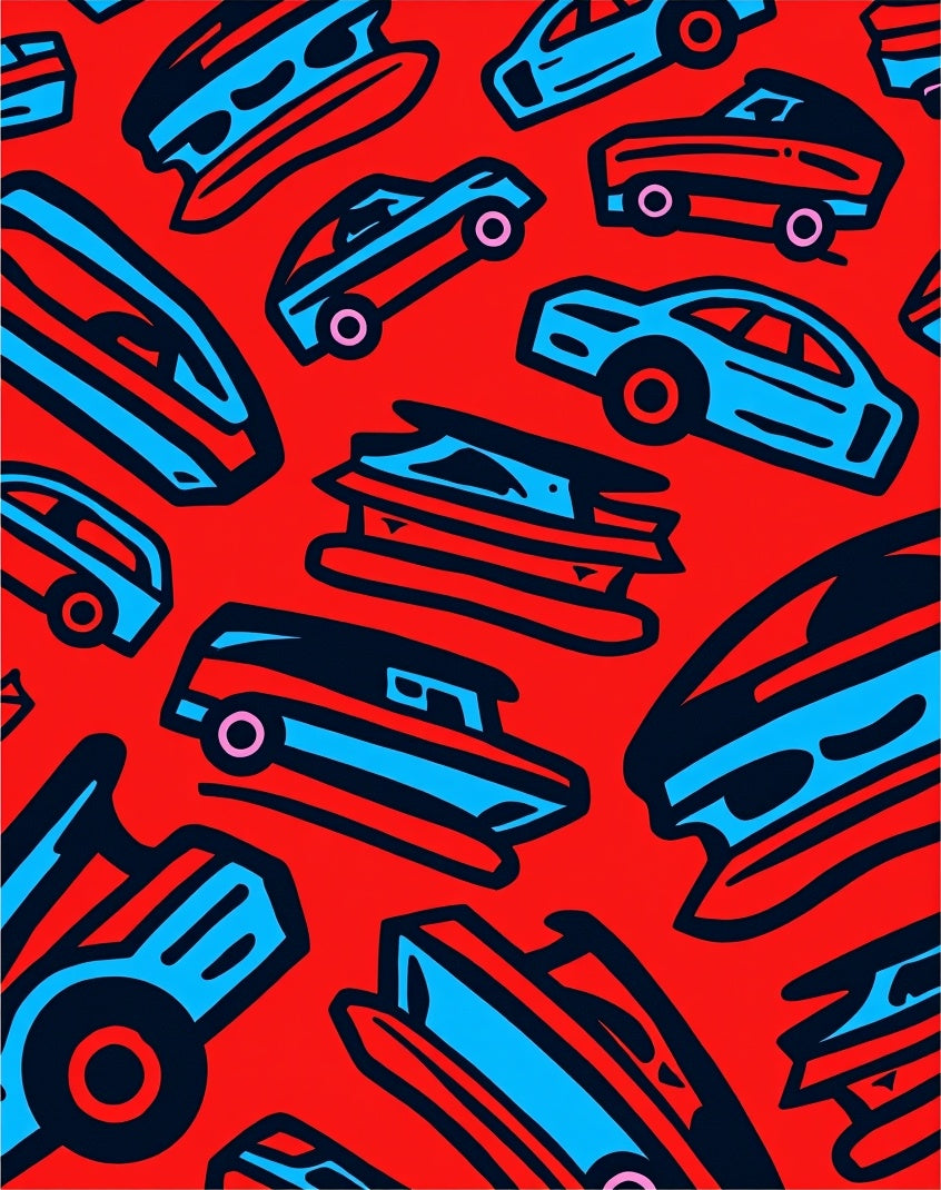 Retro Red Blue Automobile Collage Rug