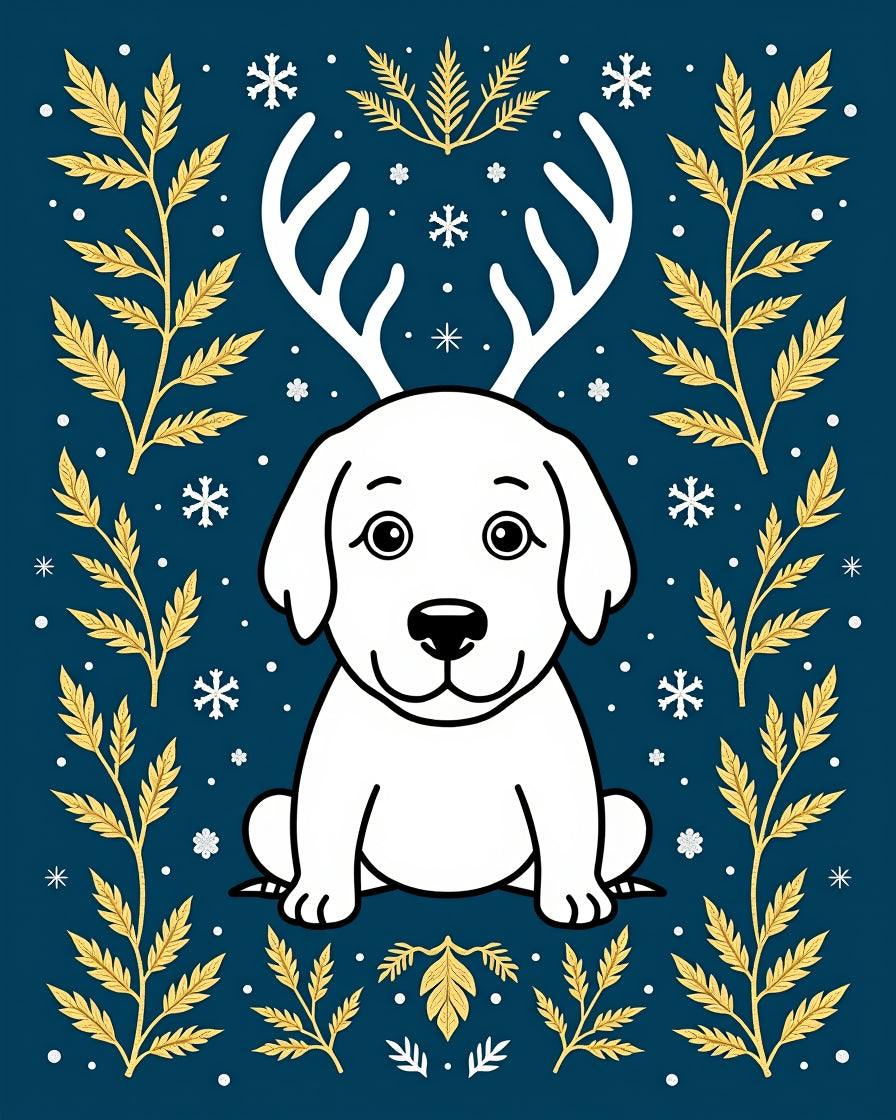 White Dog Antlers Golden Foliage Snowflakes Rug