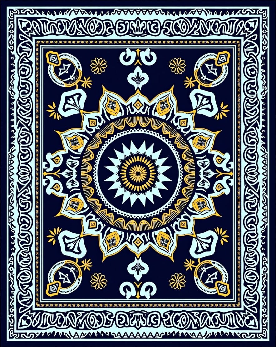Navy Blue Golden Sunburst Mandala Rug