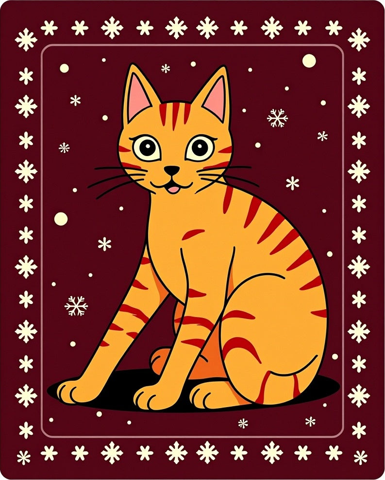 Orange Tabby Cat Snowflake Border Rug