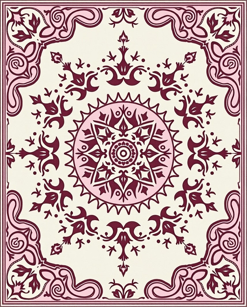 Ornate Crimson Medallion Cream Rug
