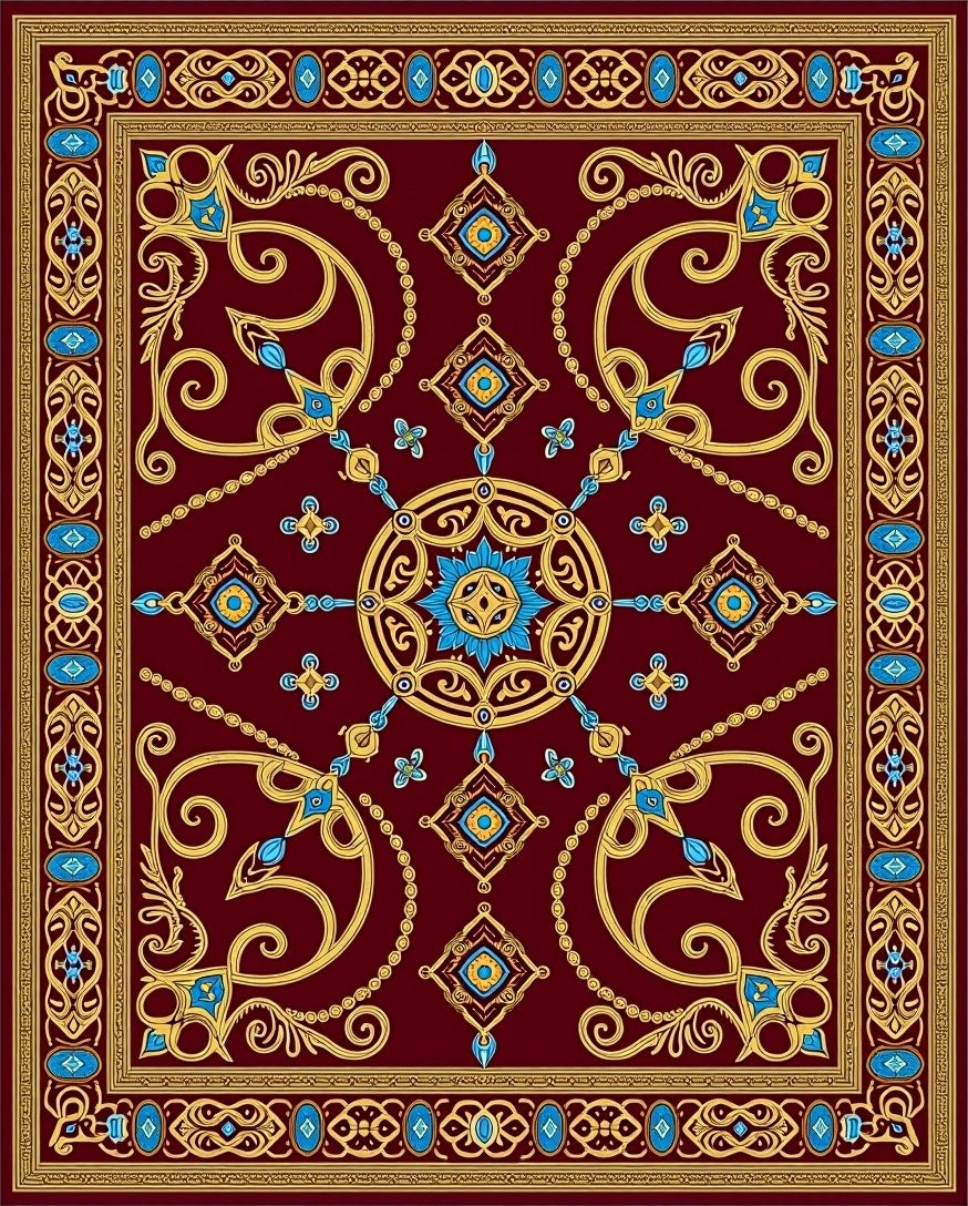 Regal Burgundy Gold Blue Medallion Border Rug