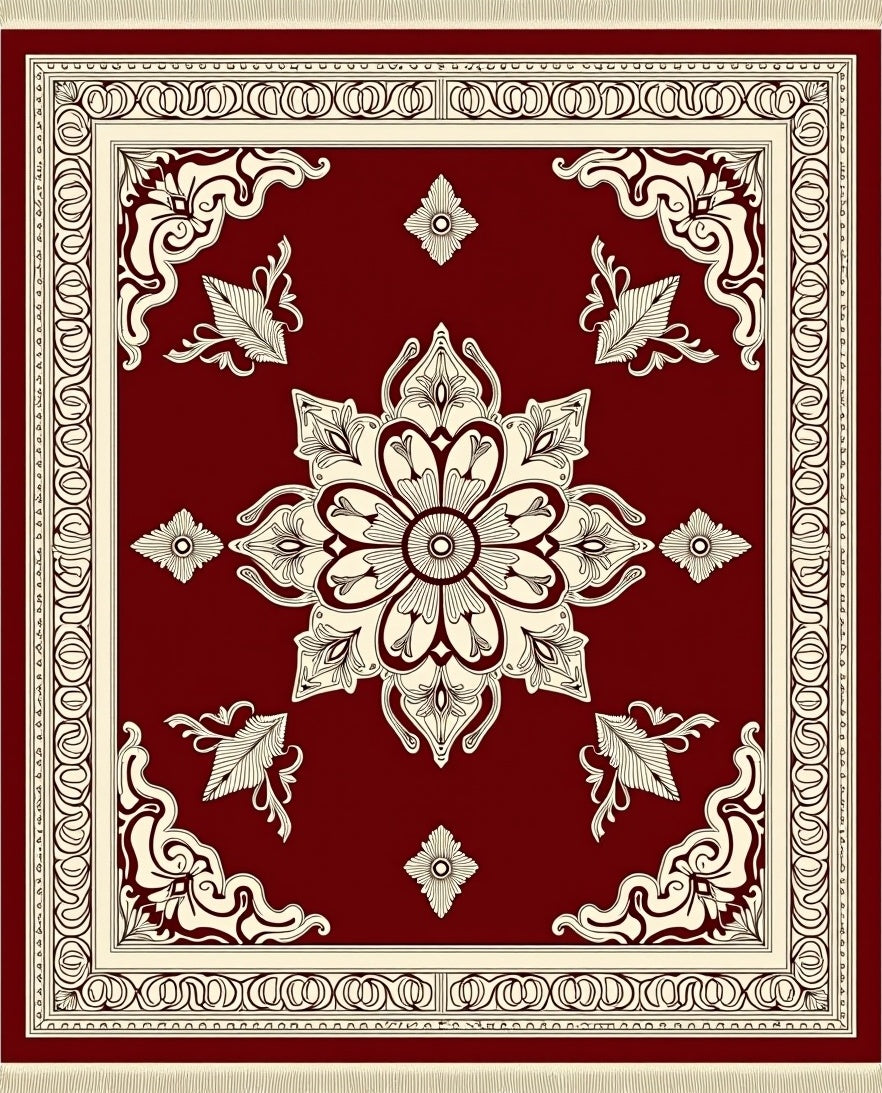 Deep Crimson Floral Medallion Border Rug