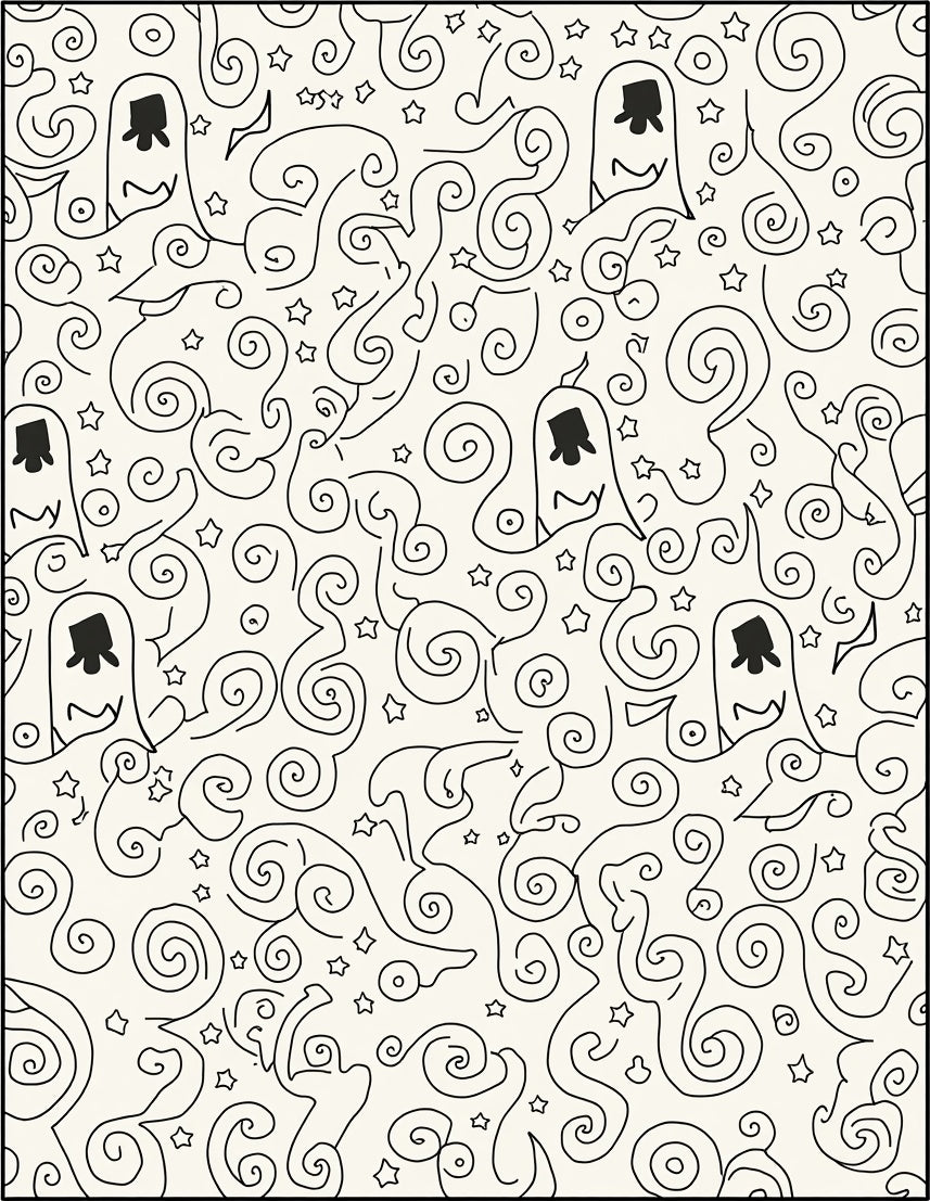 Whimsical Ghost Swirl Star Black and White Rug