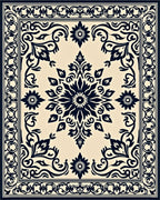 Dark Blue Cream Floral Medallion Rug