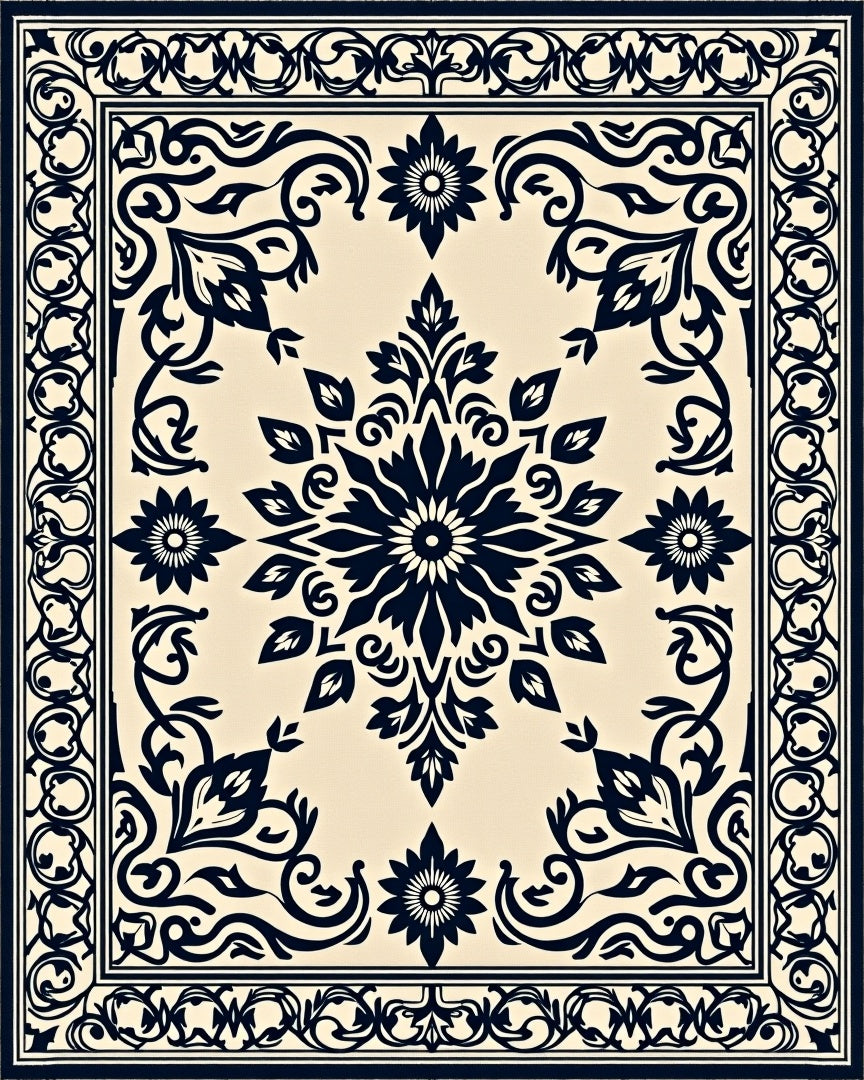 Dark Blue Cream Floral Medallion Rug