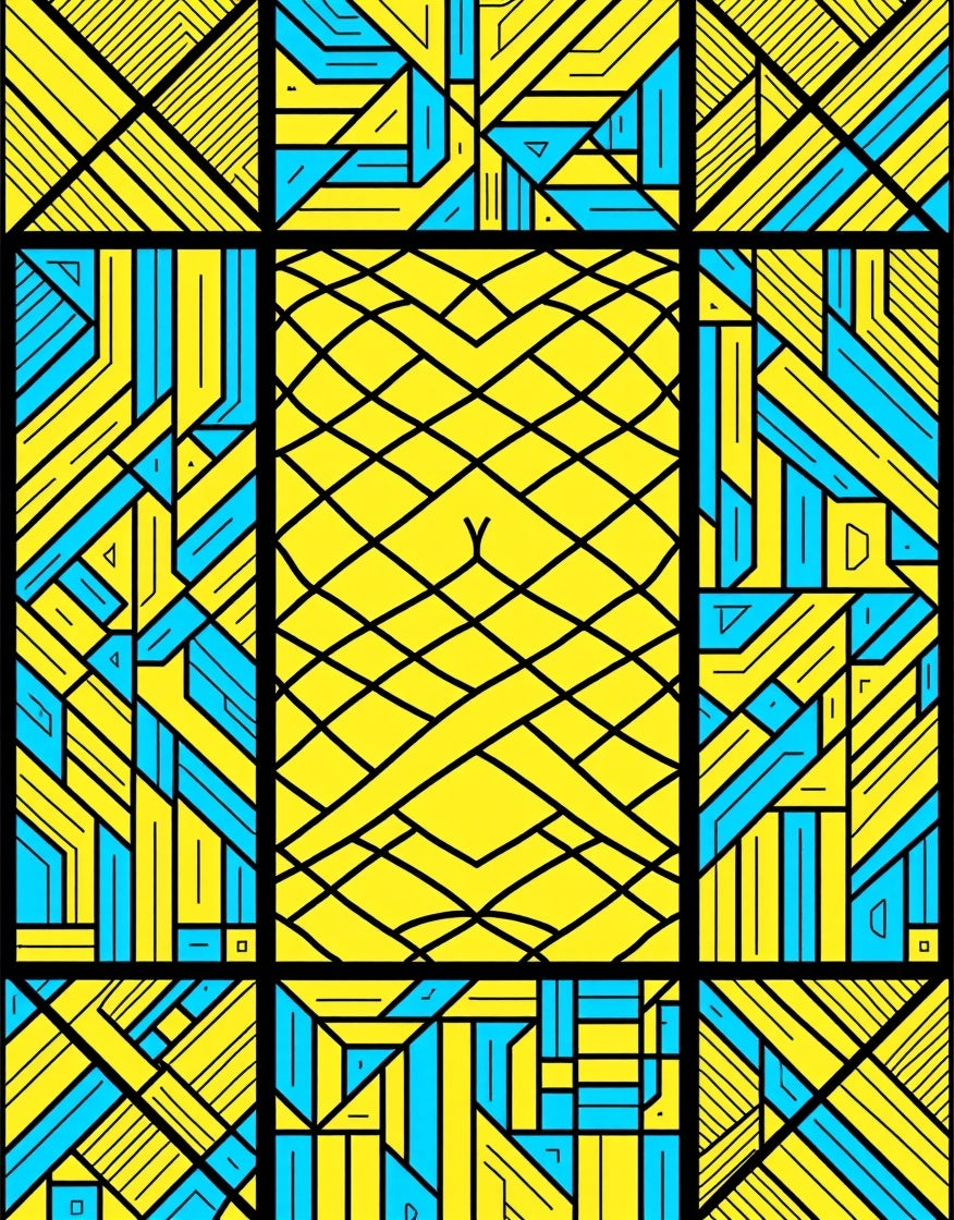 Vibrant Yellow Blue Geometric Framework Rug