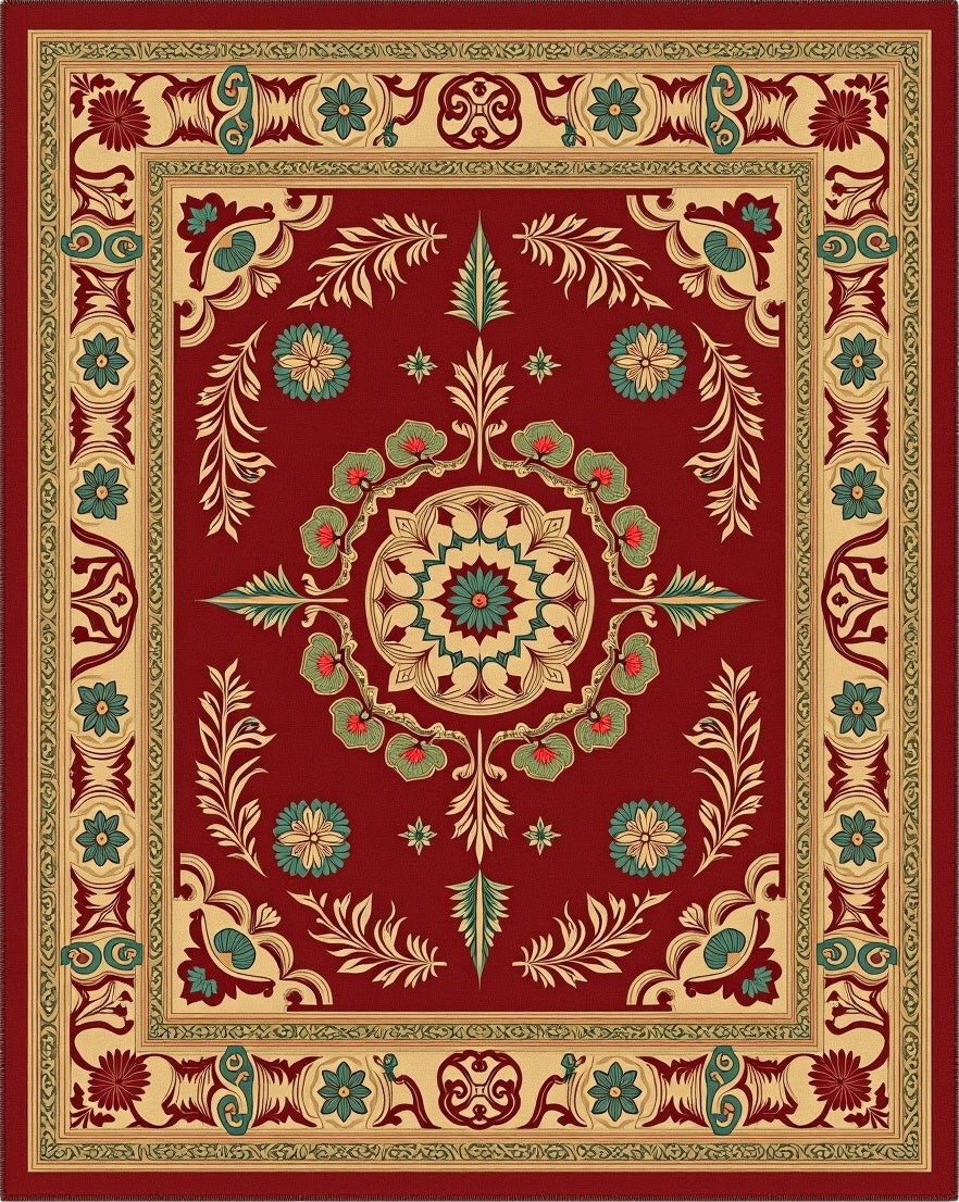 Crimson Golden Floral Medallion Border Rug