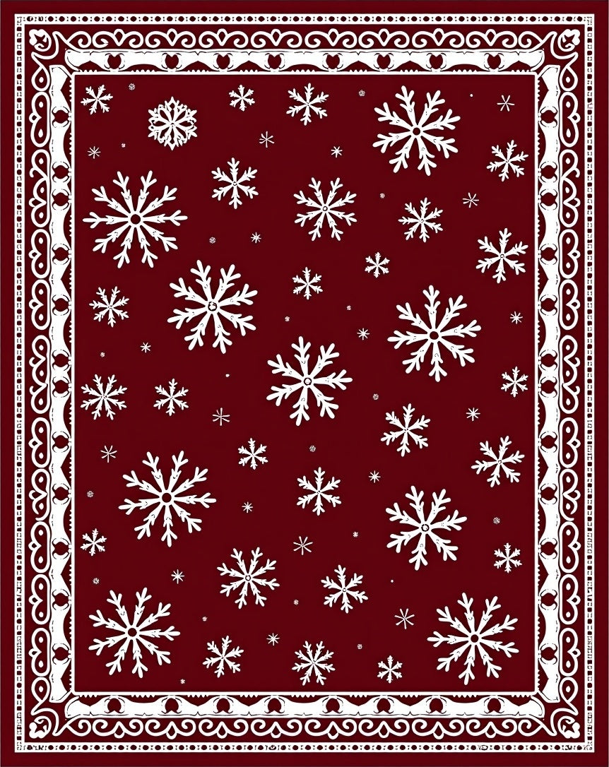 Deep Red White Winterflakes Bordered Rug