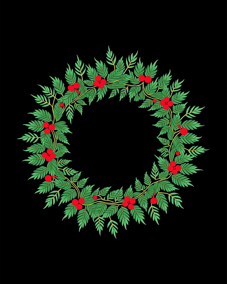 Green Leaf Red Berry Circular Wreath Rug