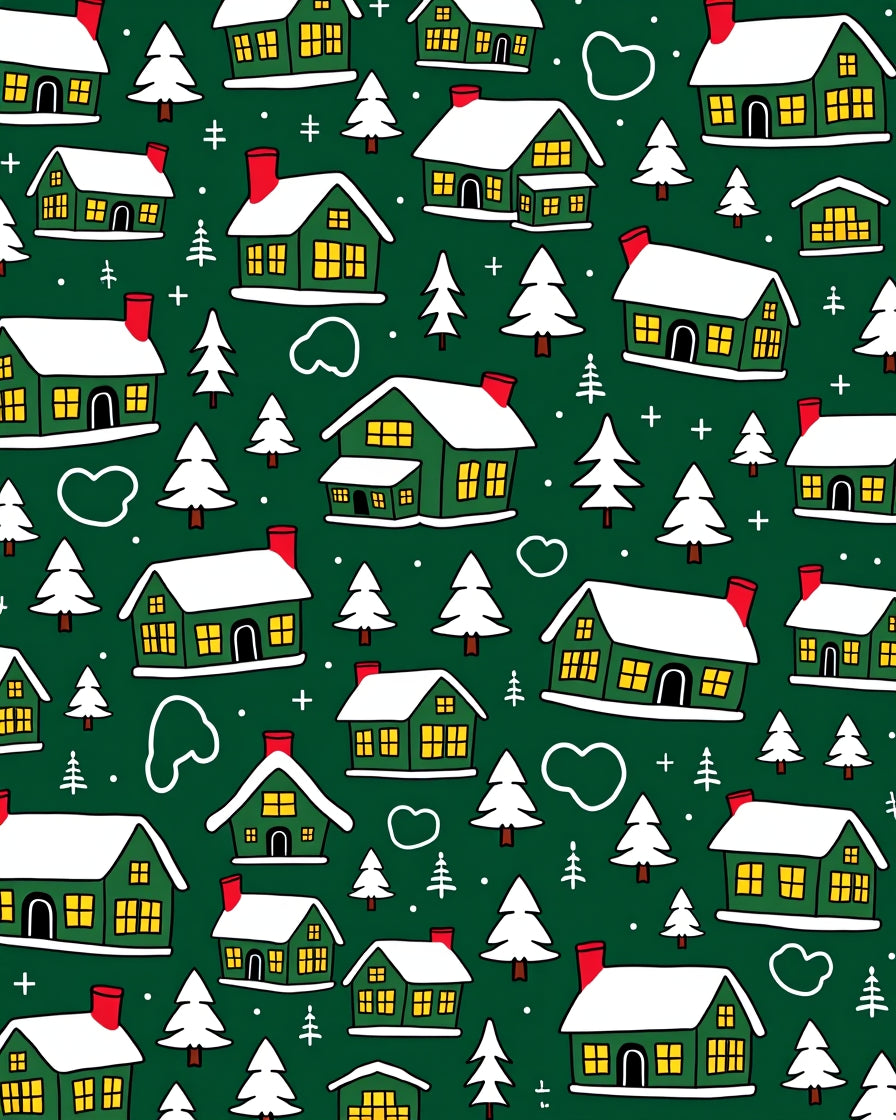 Green Snowy House Christmas Trees Rug
