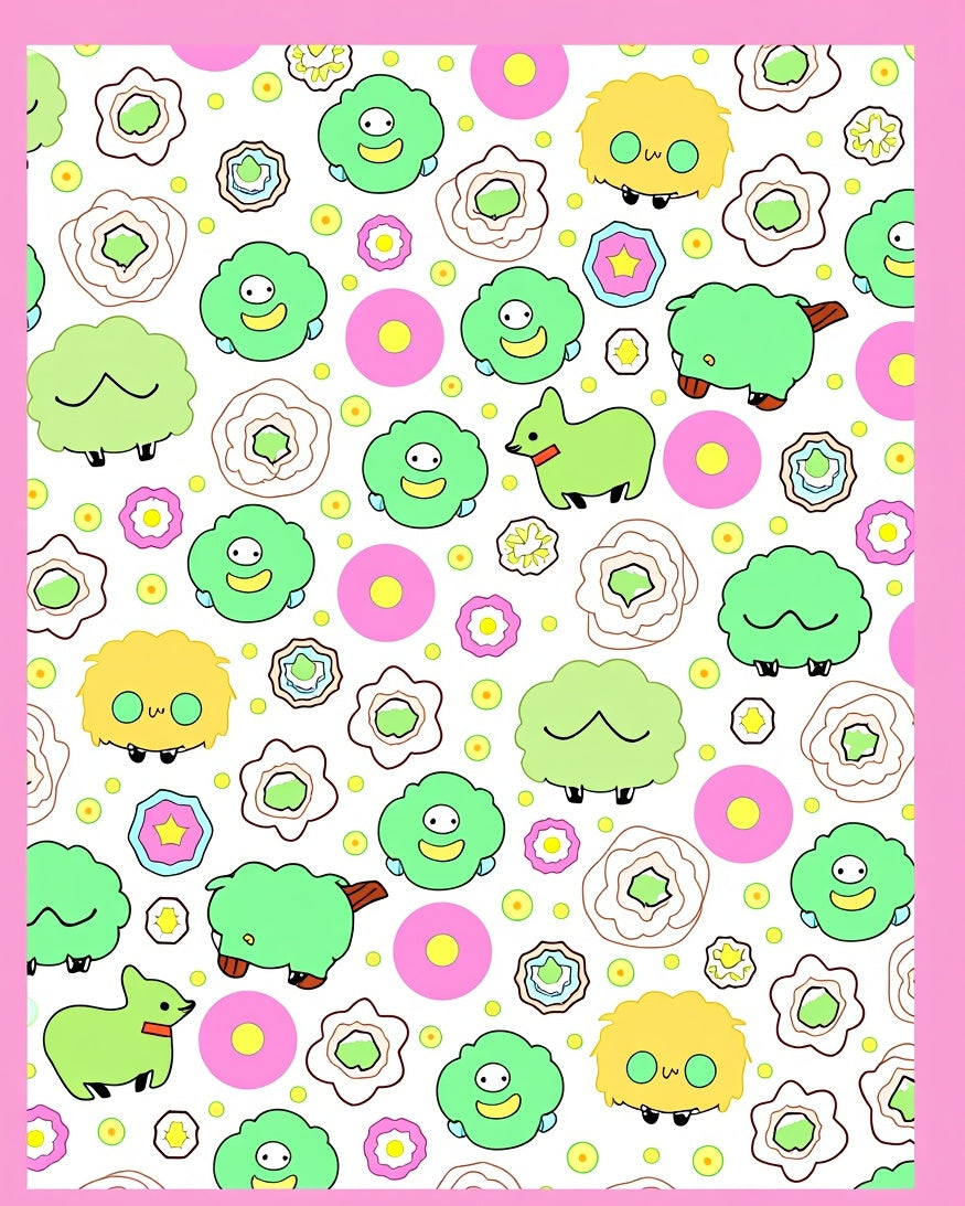 Whimsical Green Creatures Pink Circles Rug