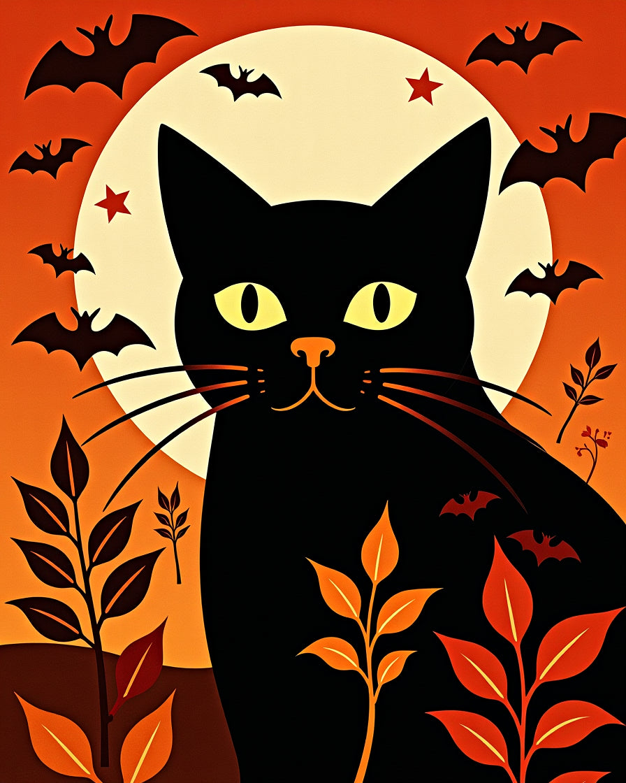 Black Cat Halloween Moon Bats Rug