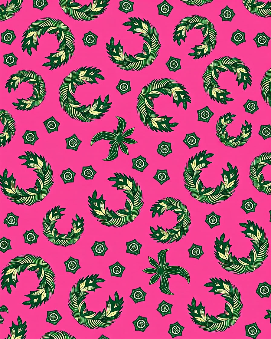 Vibrant Pink Green Leafy Wreath Rug