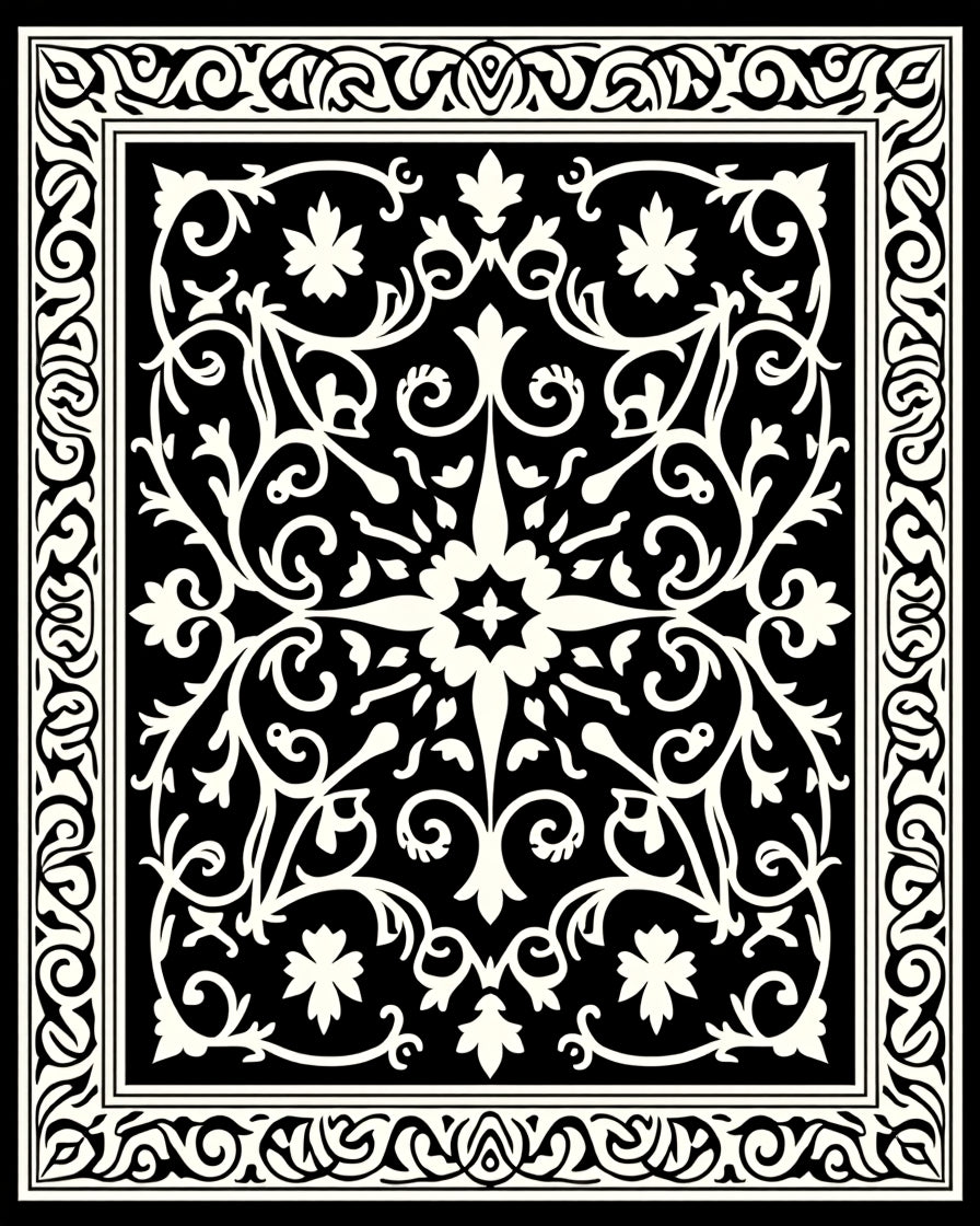 Black and White Floral Scrollwork Square Rug