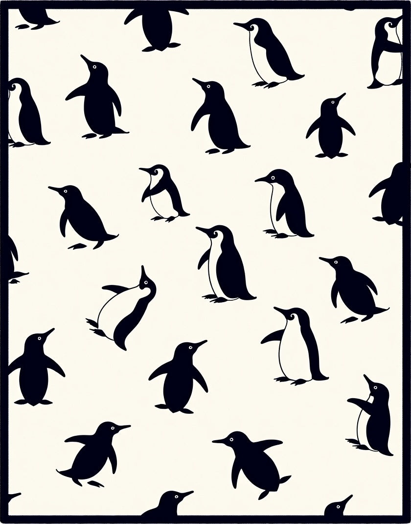 Playful Black Penguin Scatter Cream Rug