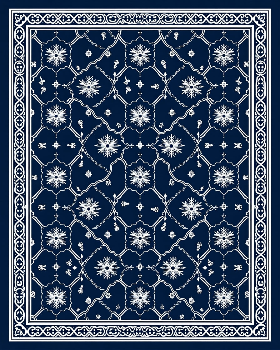 Deep Blue White Floral Medallion Border Rug