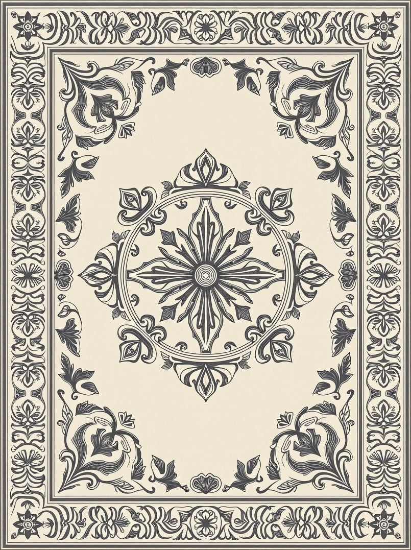 Ornate Beige Floral Centerpiece Border Rug