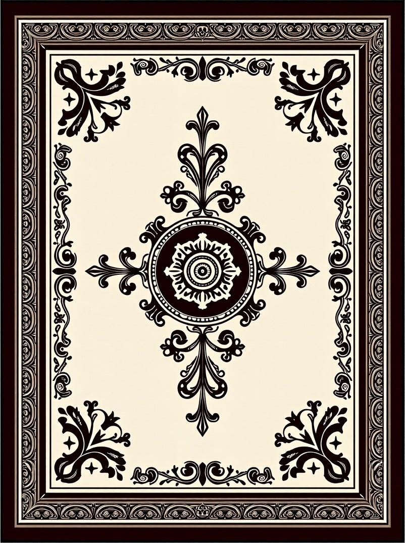 Ornate Cream Dark Brown Medallion Border Rug