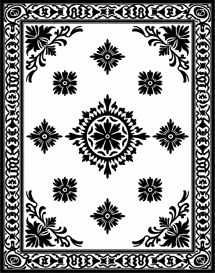 Ornate Black White Floral Medallion Rug