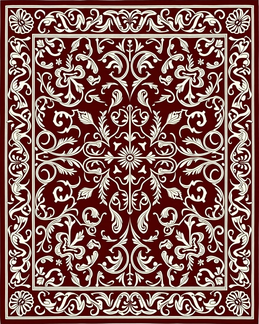 Deep Red Floral Scrollwork Rug