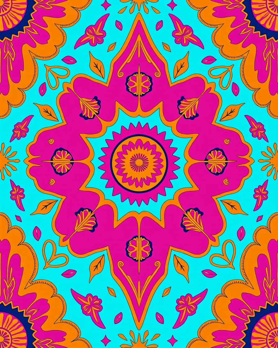Vibrant Teal Pink Orange Ethnic Mandala Rug