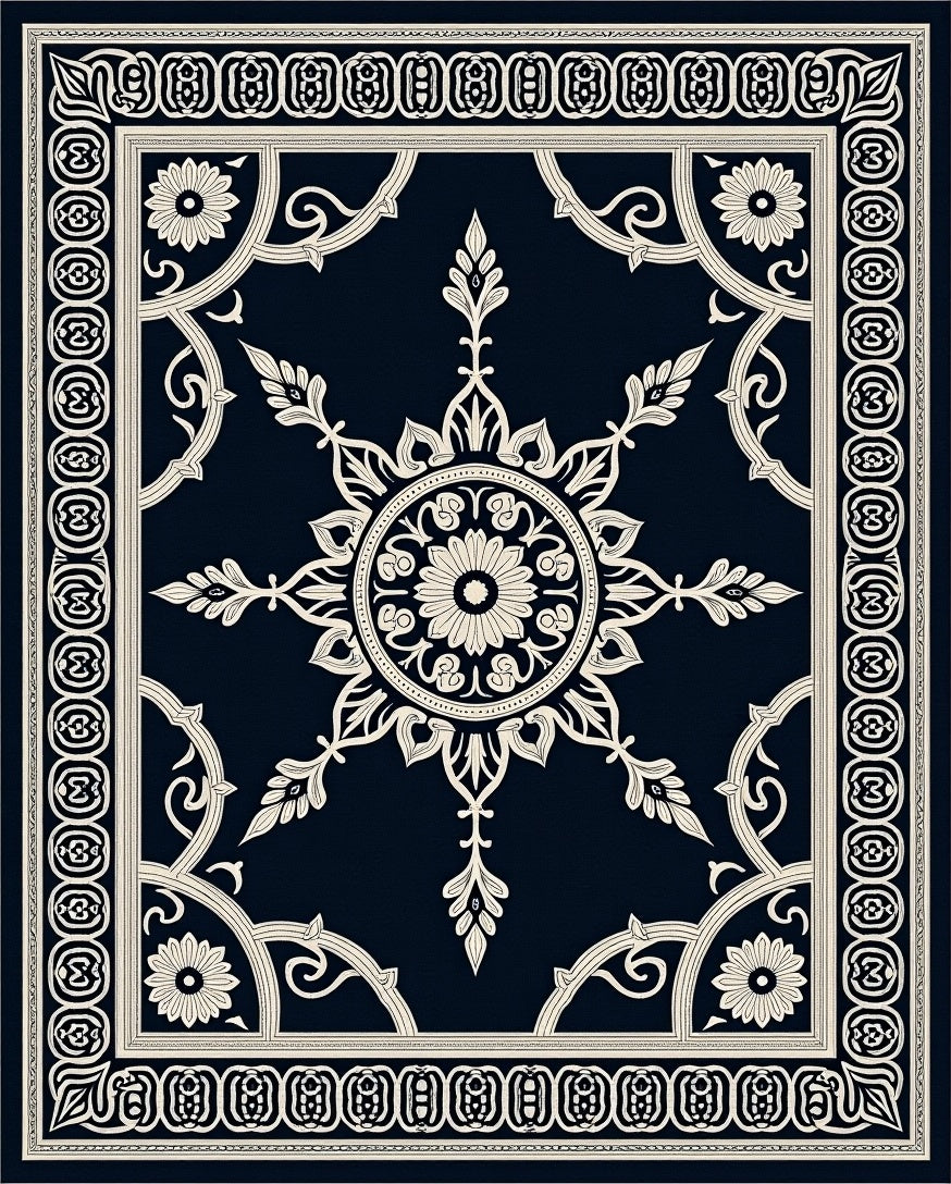 Classic Navy Cream Medallion Border Rug