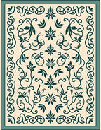 Cream Teal Floral Scroll Border Rug