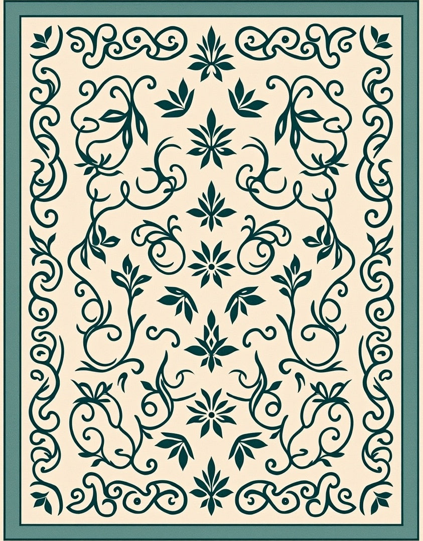 Cream Teal Floral Scroll Border Rug