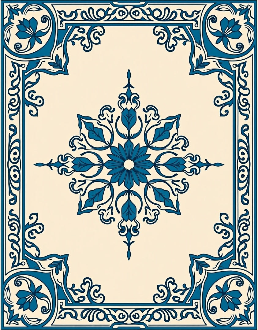Elegant Teal Floral Medallion Frame Rug