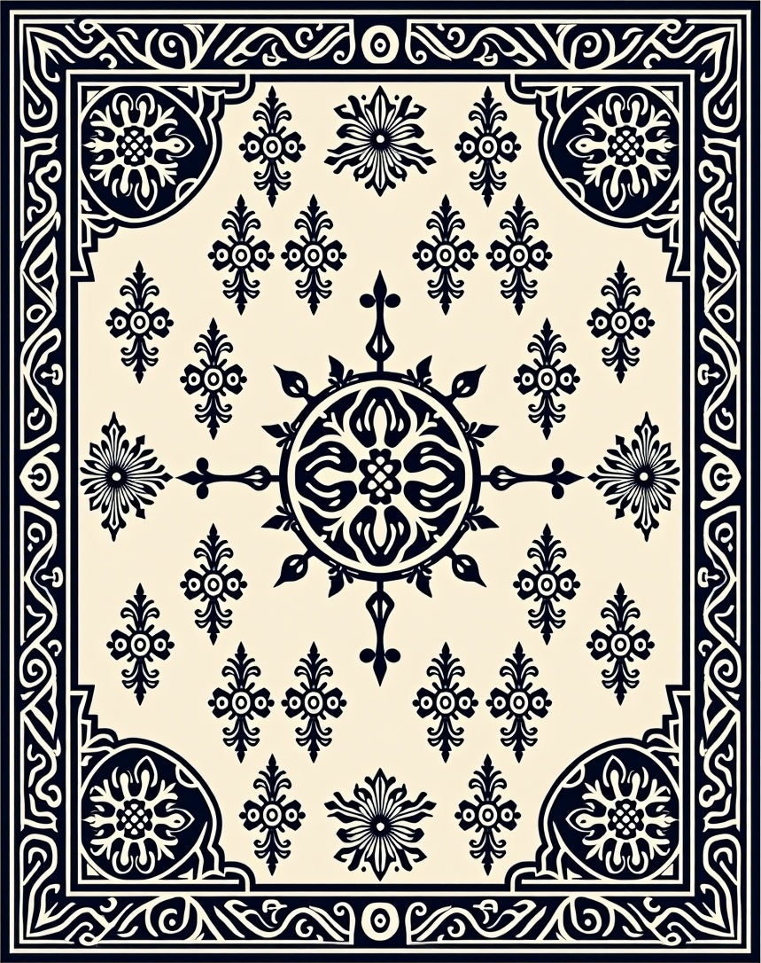 Vintage Cream Black Floral Mandala Rug
