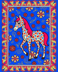 Bright Blue Floral Horse Whimsical Border Rug