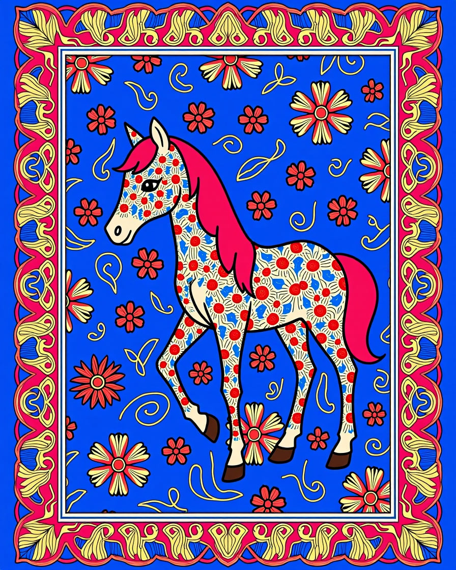 Bright Blue Floral Horse Whimsical Border Rug