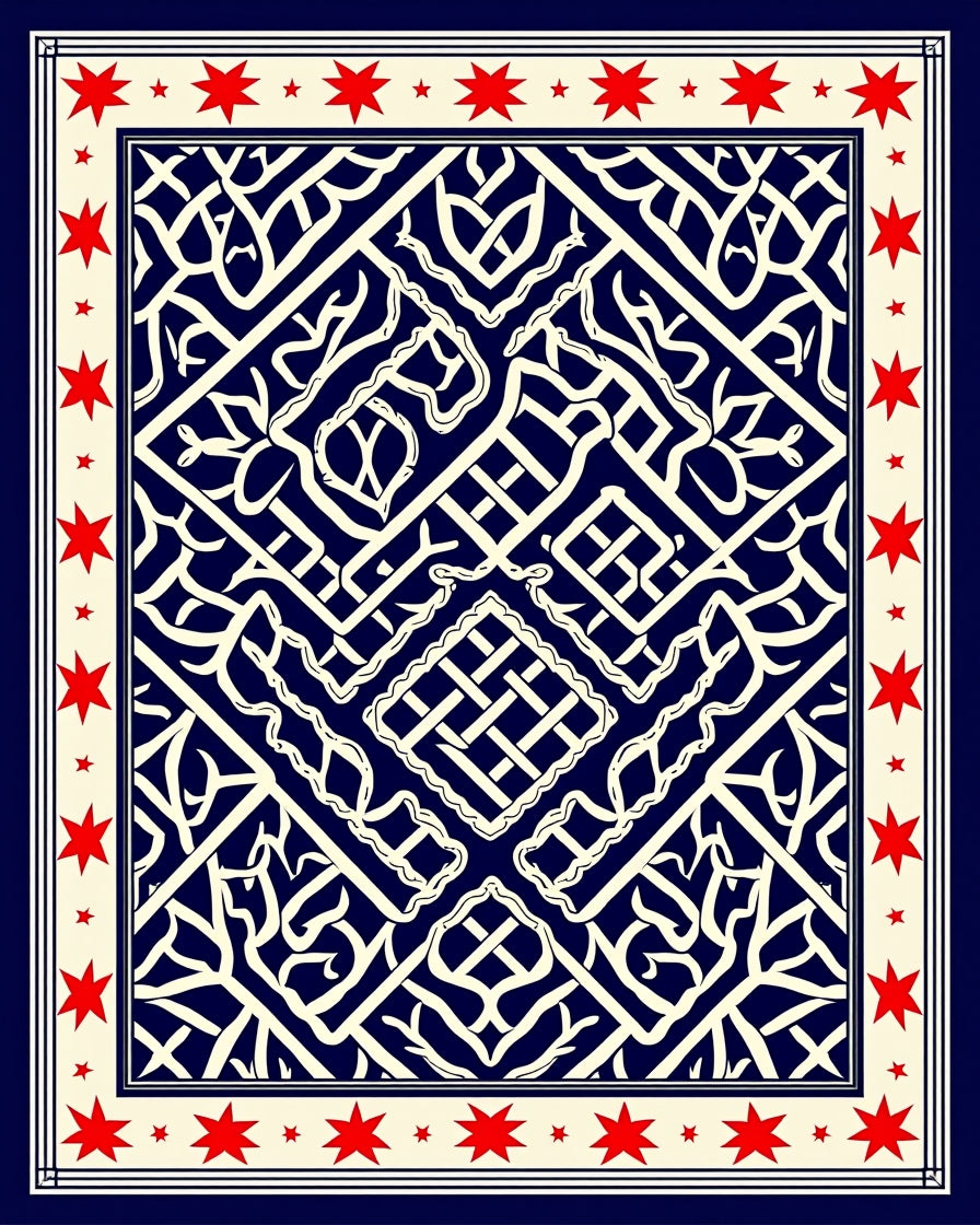 Navy Red Cream Interlocking Geometric Stars Rug