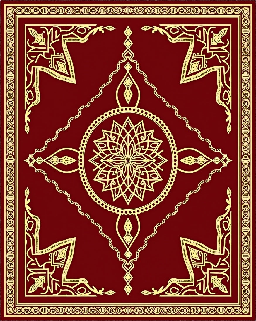 Deep Red Golden Medallion Border Rug