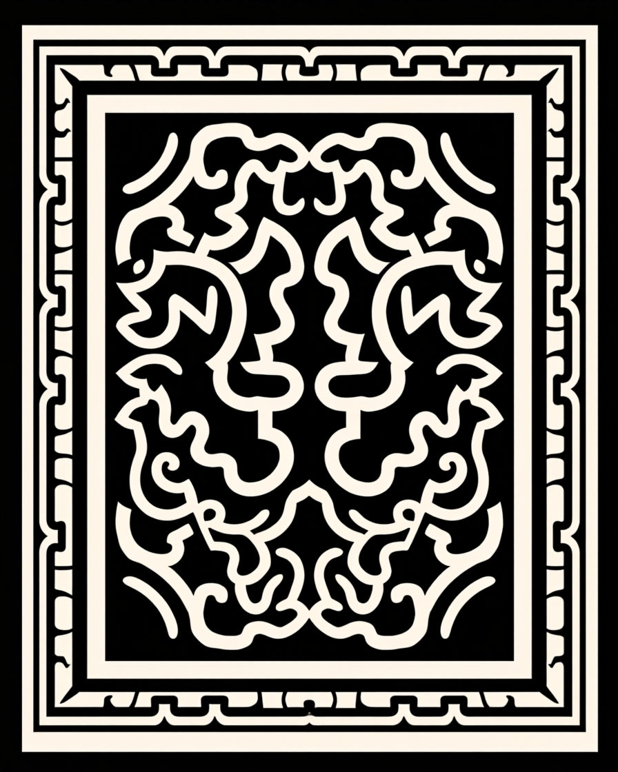 Black and Cream Scrollwork Frame Rug