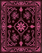Ornate Pink Floral Scrollwork Black Rug