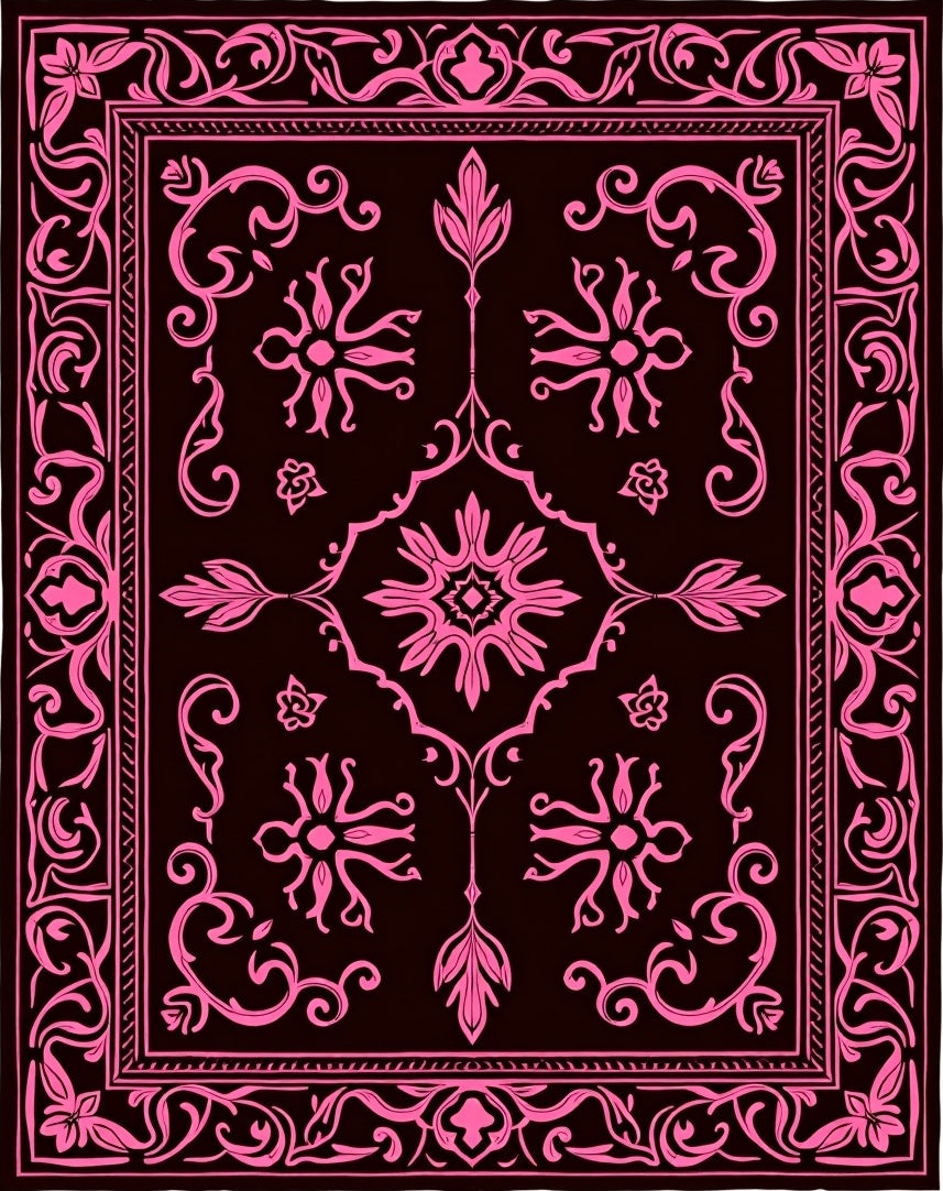 Ornate Pink Floral Scrollwork Black Rug