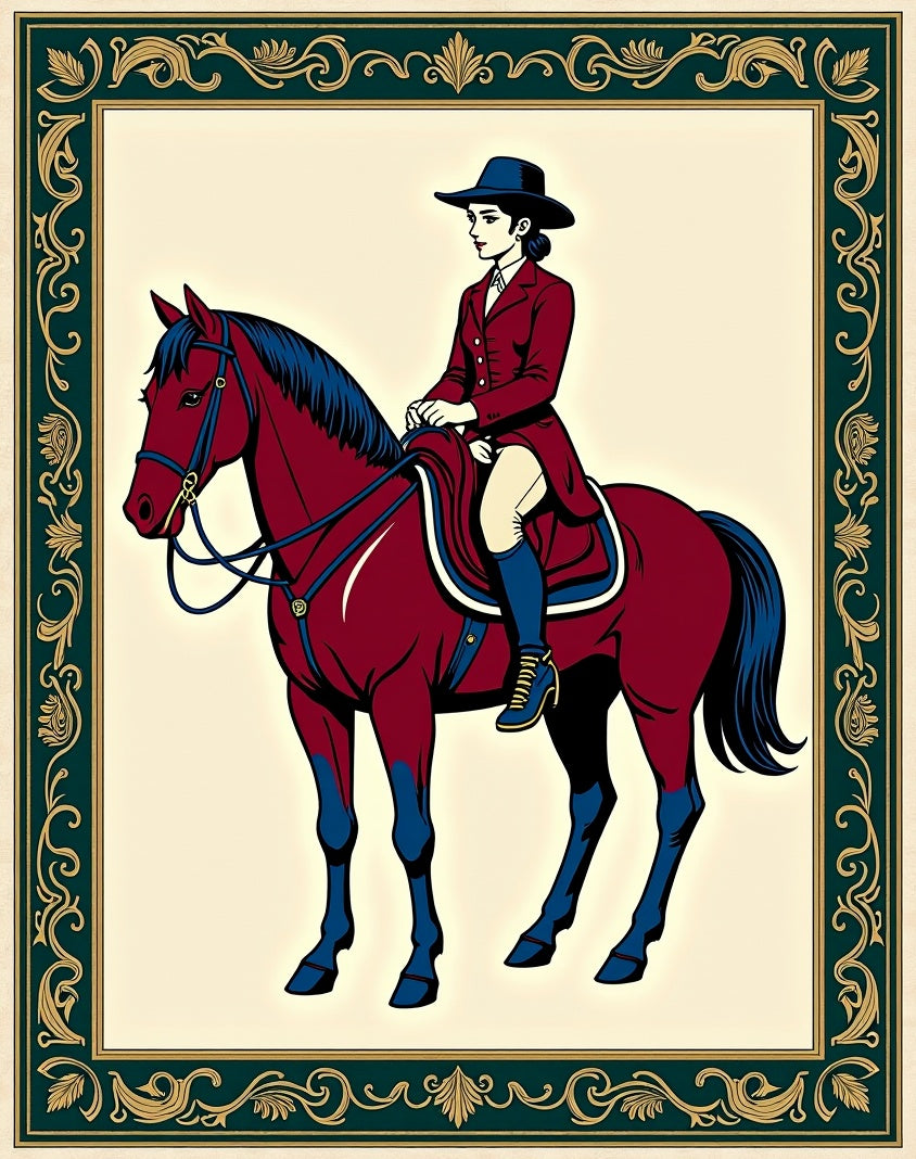 Equestrian Riding Horse Crimson Navy Frame Rug
