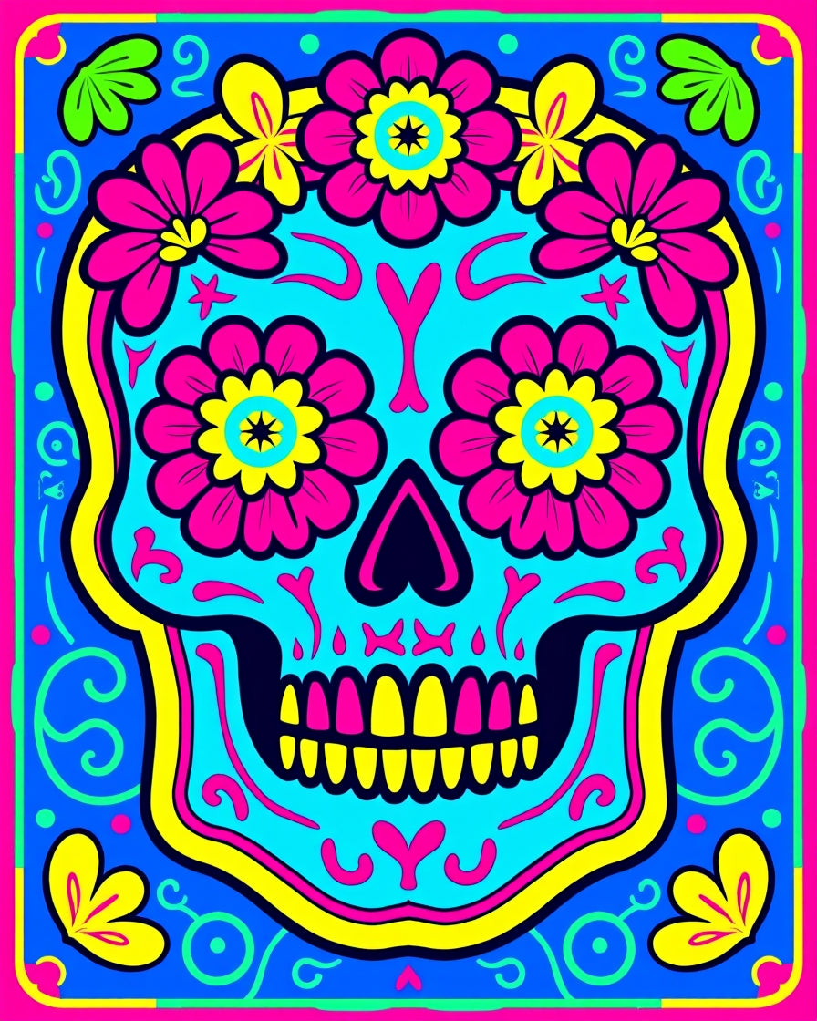Vibrant Cyan Floral Skull Art Rug