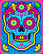 Vibrant Cyan Floral Skull Art Rug