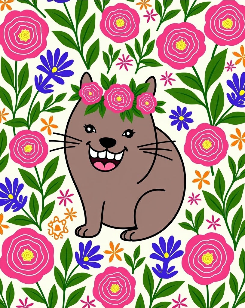 Happy Brown Cat Floral Wreath Rug