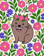 Happy Brown Cat Floral Wreath Rug