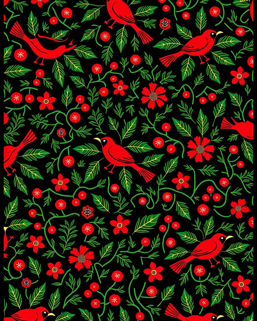 Red Cardinal Floral Vine Black Rug