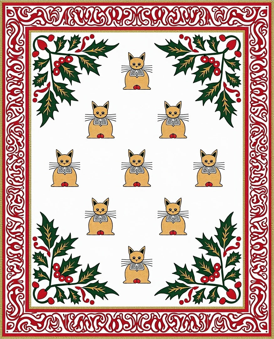 Crimson Holly Cat Border Arrangement Rug