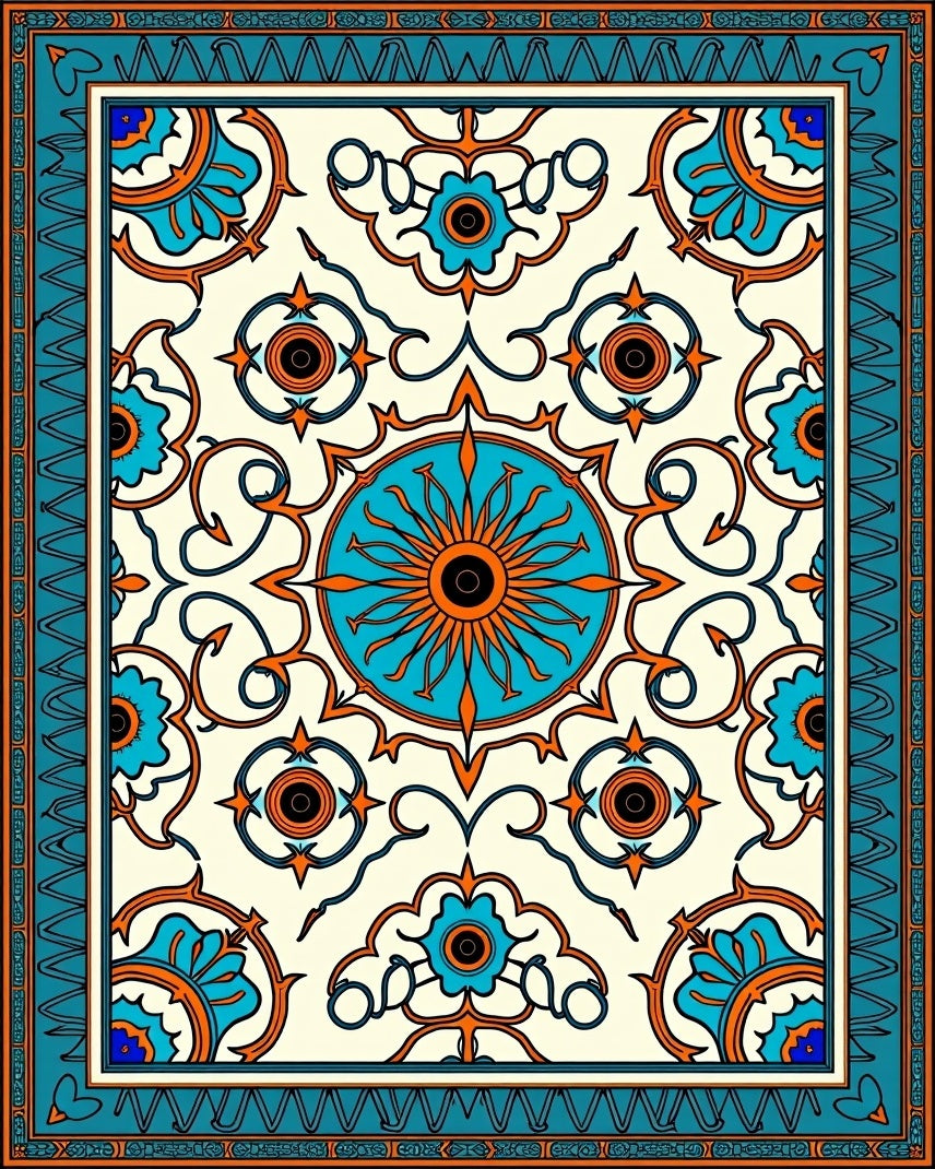 Ornate Teal Orange Sun Medallion Rug