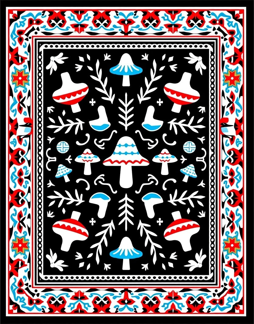 Whimsical Red Blue Mushroom Garden Border Rug