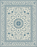 Ornate Blue Floral Medallion Cream Rug