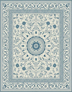 Ornate Blue Floral Medallion Cream Rug